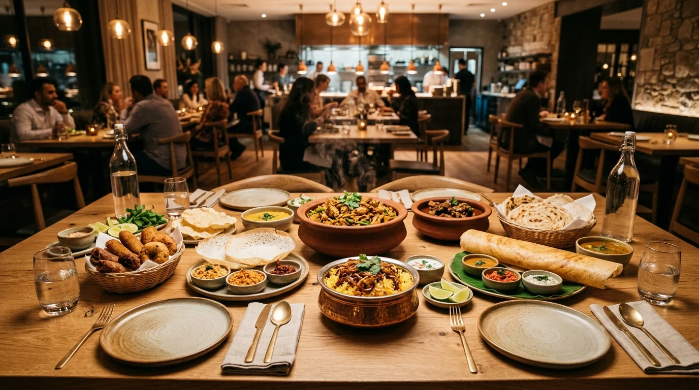Authentic Sri Lankan and South Indian feast table spread with Kothu, Biryani, Dosa and Curries